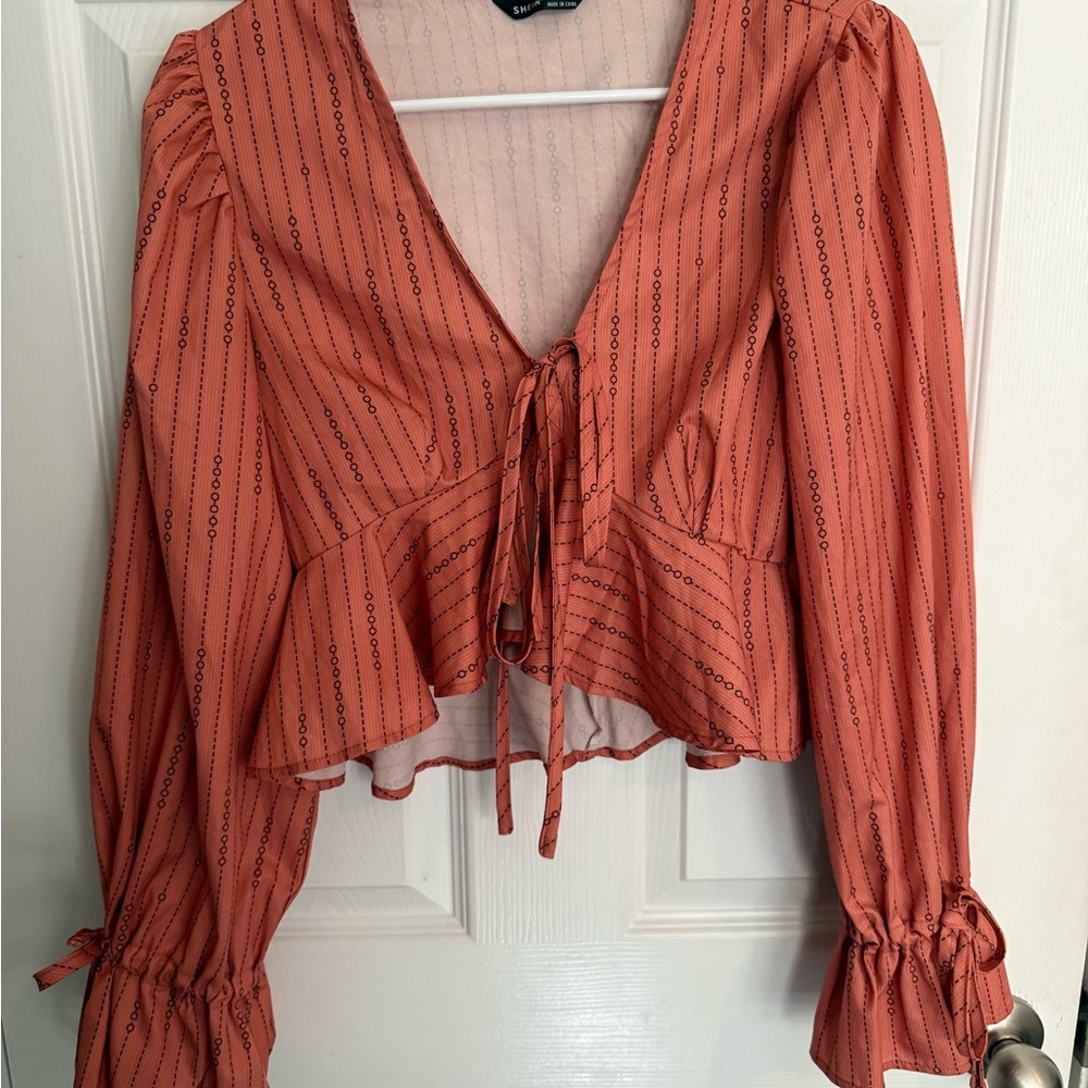 SHEIN Rust Striped V-Neck Peplum Blouse